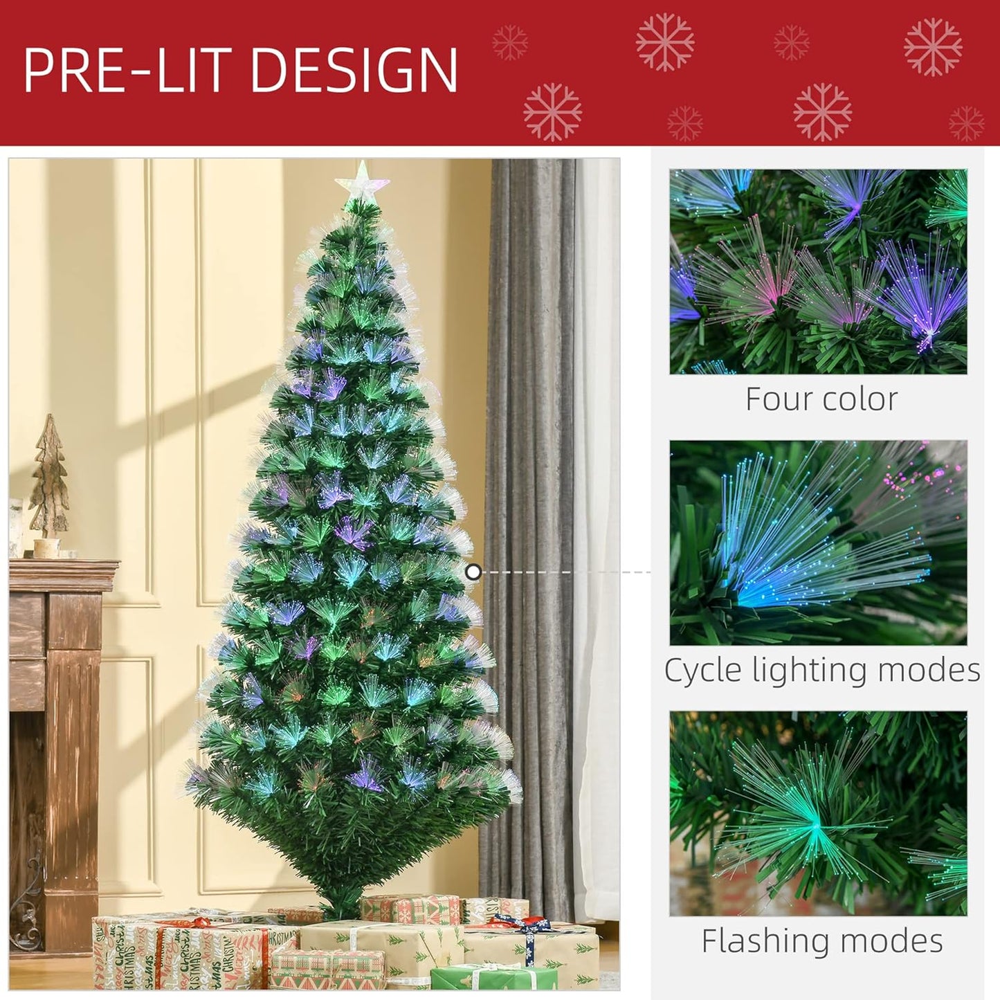 5FT Multicoloured Artificial Christmas Tree w/Fibre Optic Lights Pre-Lit Modes Metal Stand Star Holder Home Seasonal Decoration