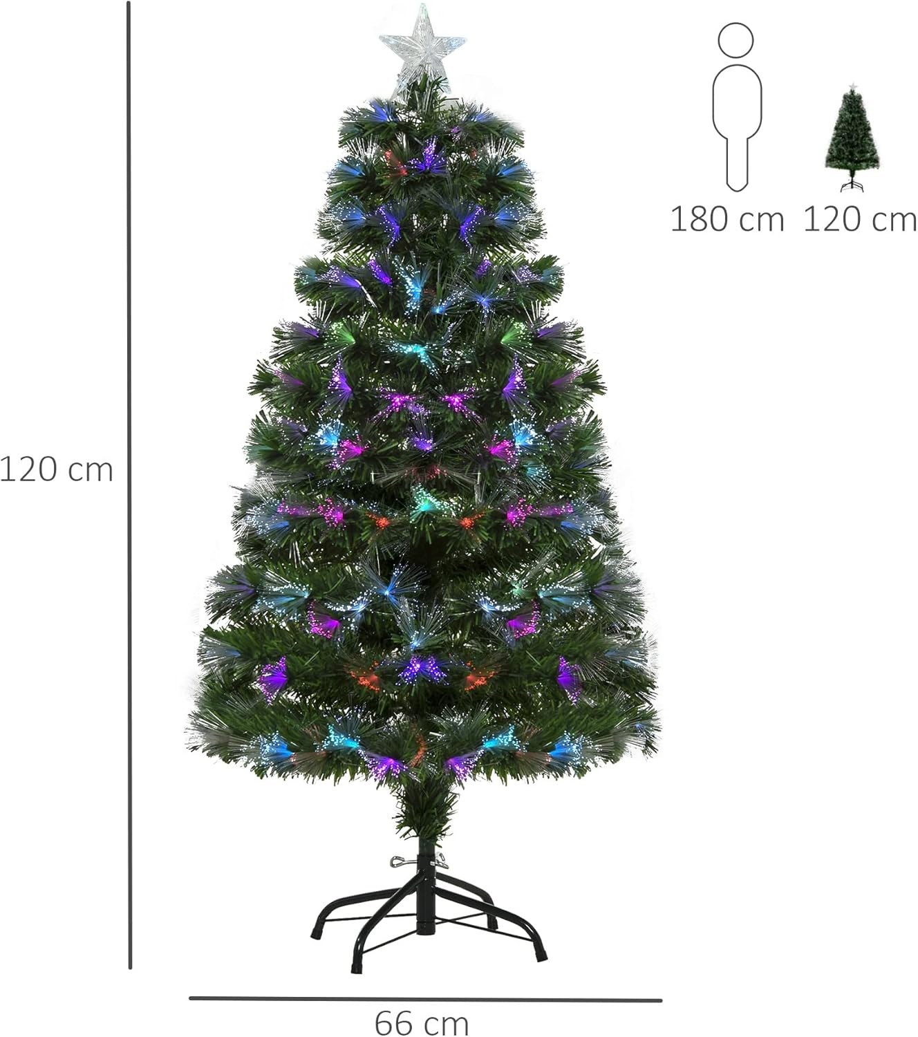 5FT Multicoloured Artificial Christmas Tree w/Fibre Optic Lights Pre-Lit Modes Metal Stand Star Holder Home Seasonal Decoration