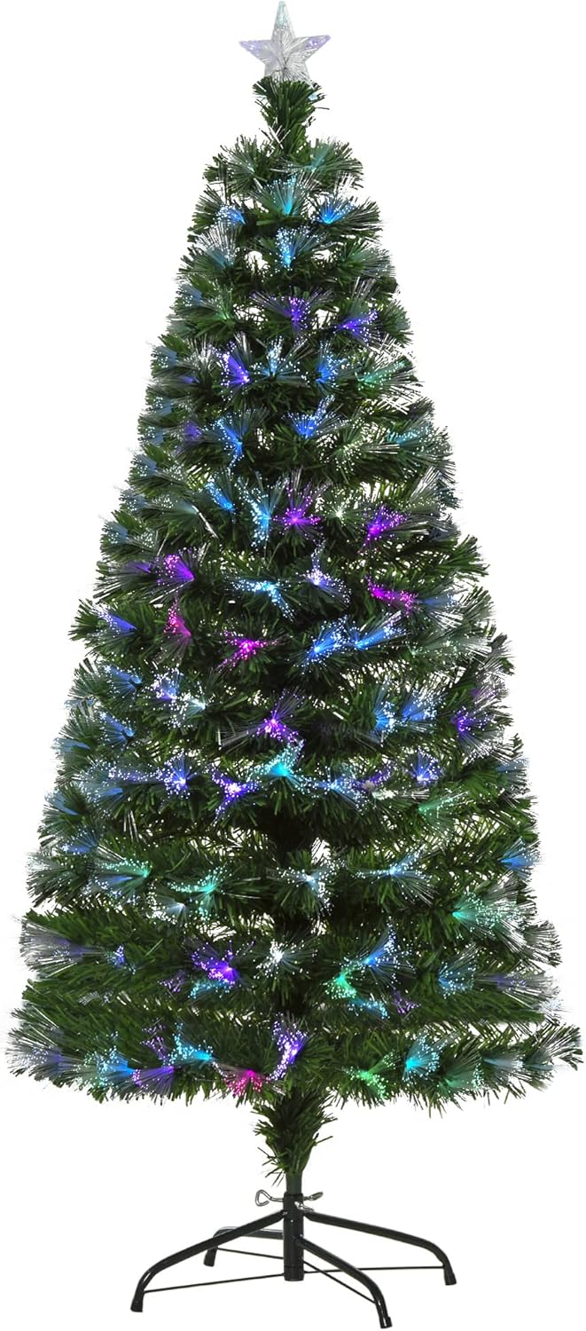 5FT Multicoloured Artificial Christmas Tree w/Fibre Optic Lights Pre-Lit Modes Metal Stand Star Holder Home Seasonal Decoration