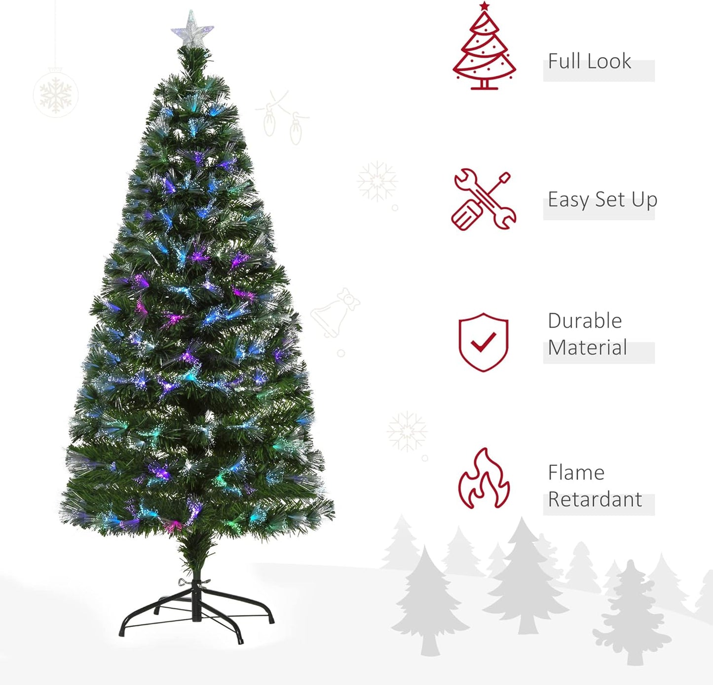 5FT Multicoloured Artificial Christmas Tree w/Fibre Optic Lights Pre-Lit Modes Metal Stand Star Holder Home Seasonal Decoration