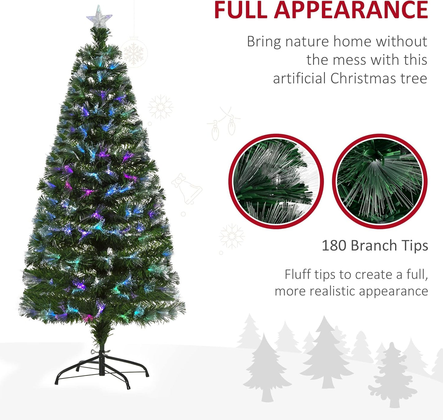 5FT Multicoloured Artificial Christmas Tree w/Fibre Optic Lights Pre-Lit Modes Metal Stand Star Holder Home Seasonal Decoration