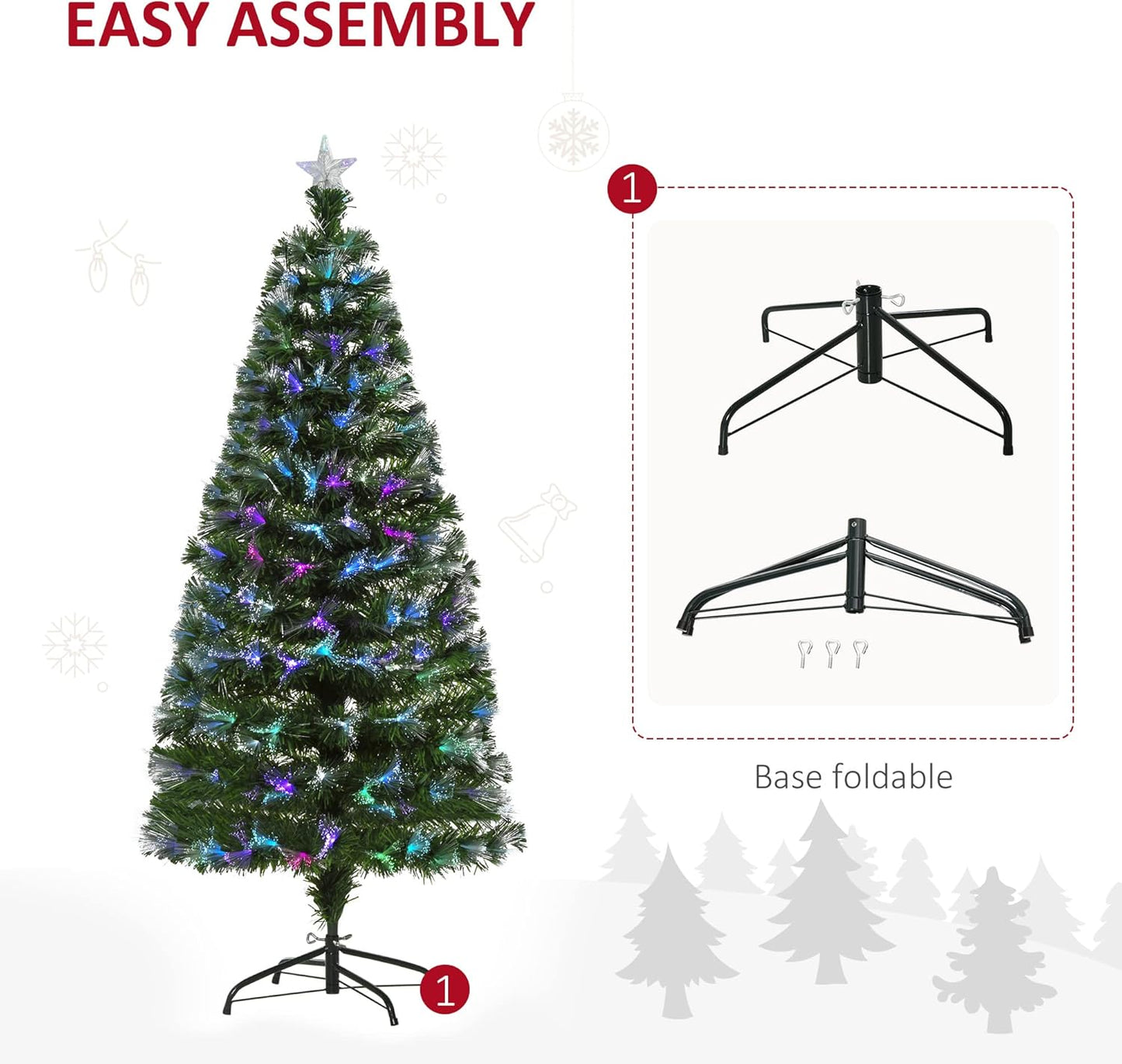 5FT Multicoloured Artificial Christmas Tree w/Fibre Optic Lights Pre-Lit Modes Metal Stand Star Holder Home Seasonal Decoration
