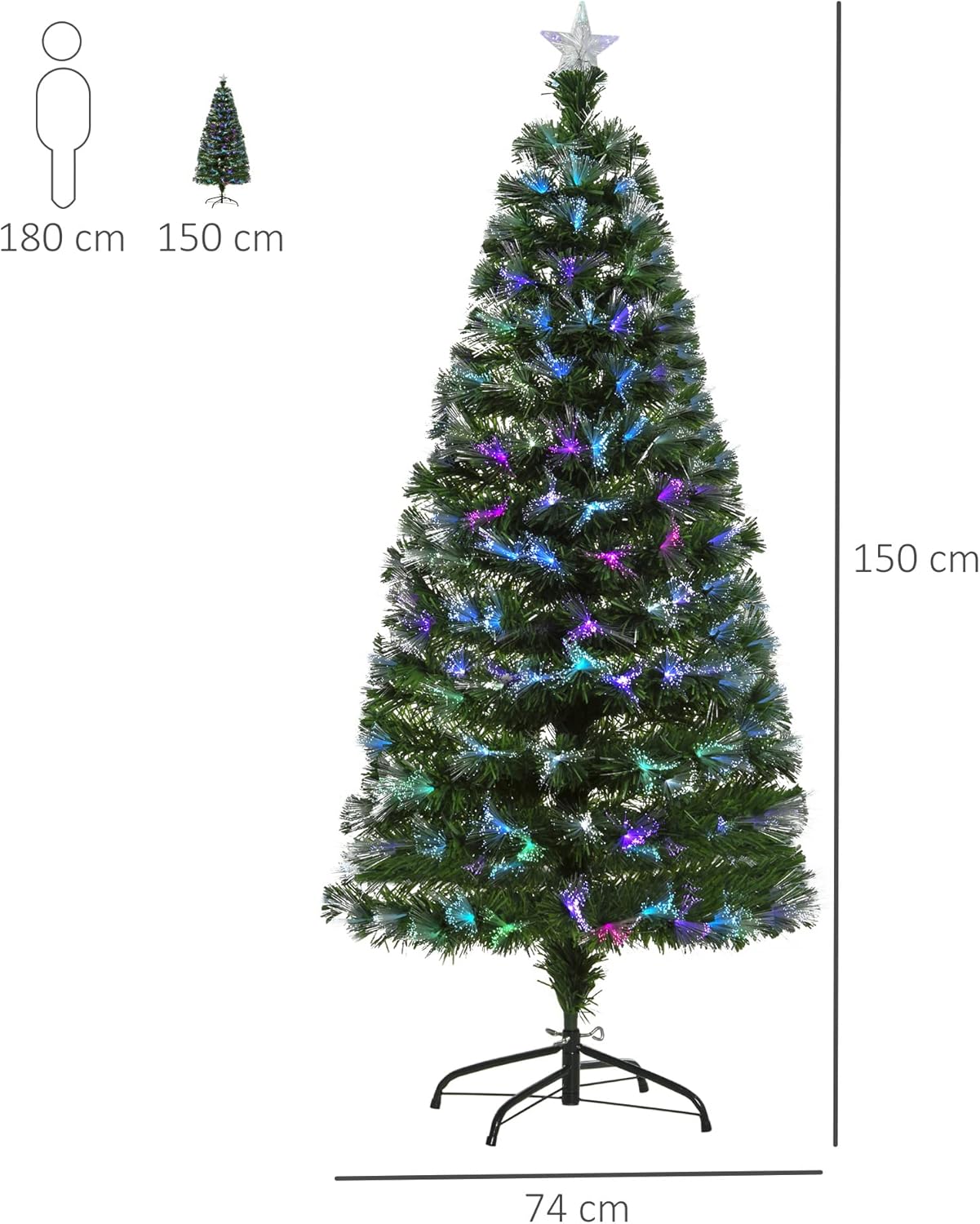 5FT Multicoloured Artificial Christmas Tree w/Fibre Optic Lights Pre-Lit Modes Metal Stand Star Holder Home Seasonal Decoration