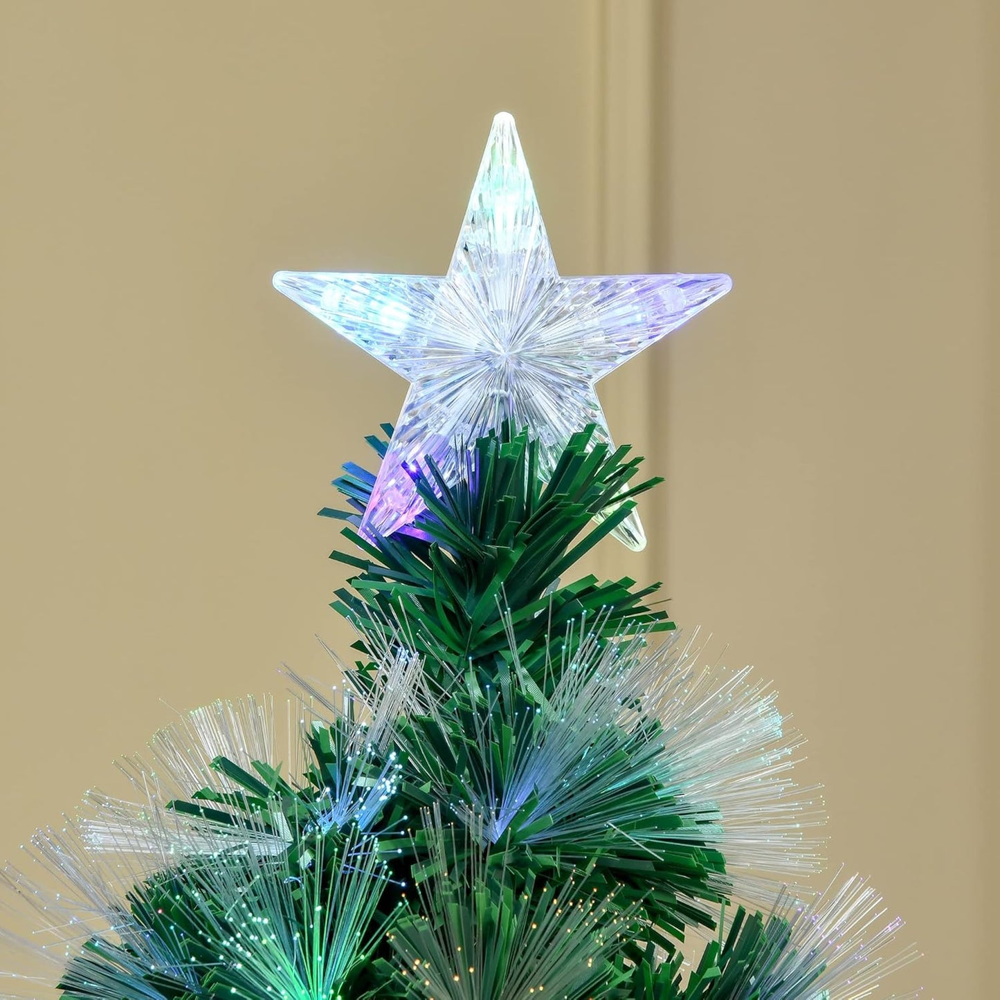 5FT Multicoloured Artificial Christmas Tree w/Fibre Optic Lights Pre-Lit Modes Metal Stand Star Holder Home Seasonal Decoration