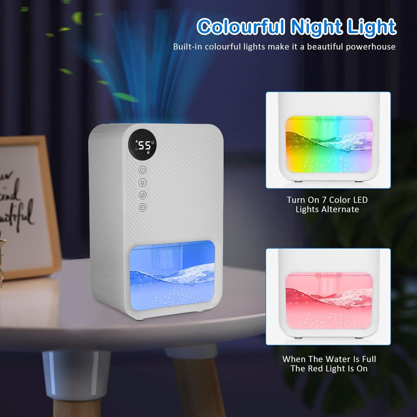 Dehumidifier, 1100ml Dehumidifiers for Home Electric Rechargeable Dehumidifyer with 7 Color LED Light Mini Dehumidifier for Bathroom Auto Shut Off Portable Quiet for Drying Clothes Wardrobe Basement