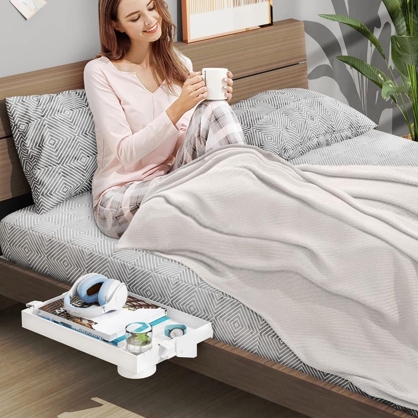 Folding Bedside Shelf with Cupholder, Clip-On Bedside Table, Nightstand Hanging Tray, Caddy Organizer for Bed & Bunk Bed, College, Dorm, Loft, Bed Essentials, White