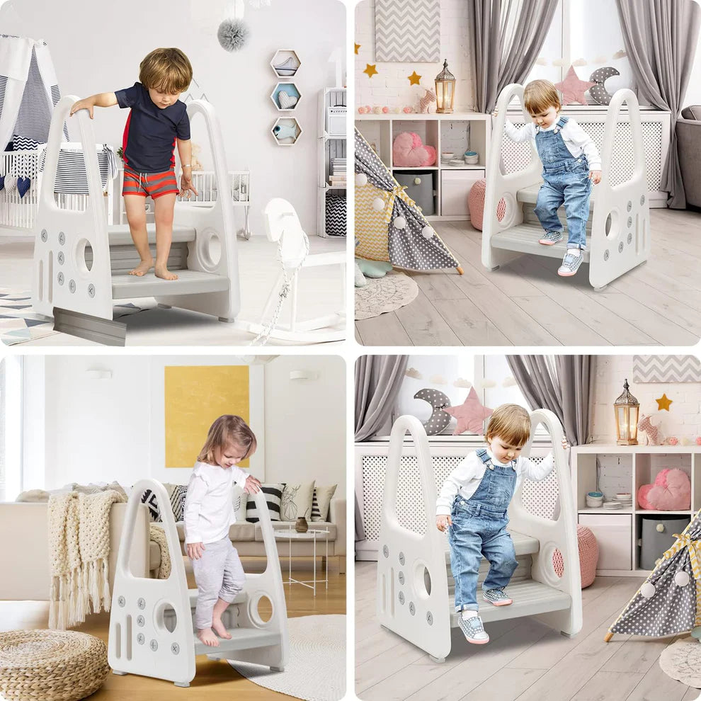 Step stool Two-step step stool for children from approx. 1 to approx. 8 years Children's stool With comfortable handrail Anti-slip stepladder learning tower for kitchen Non-slip