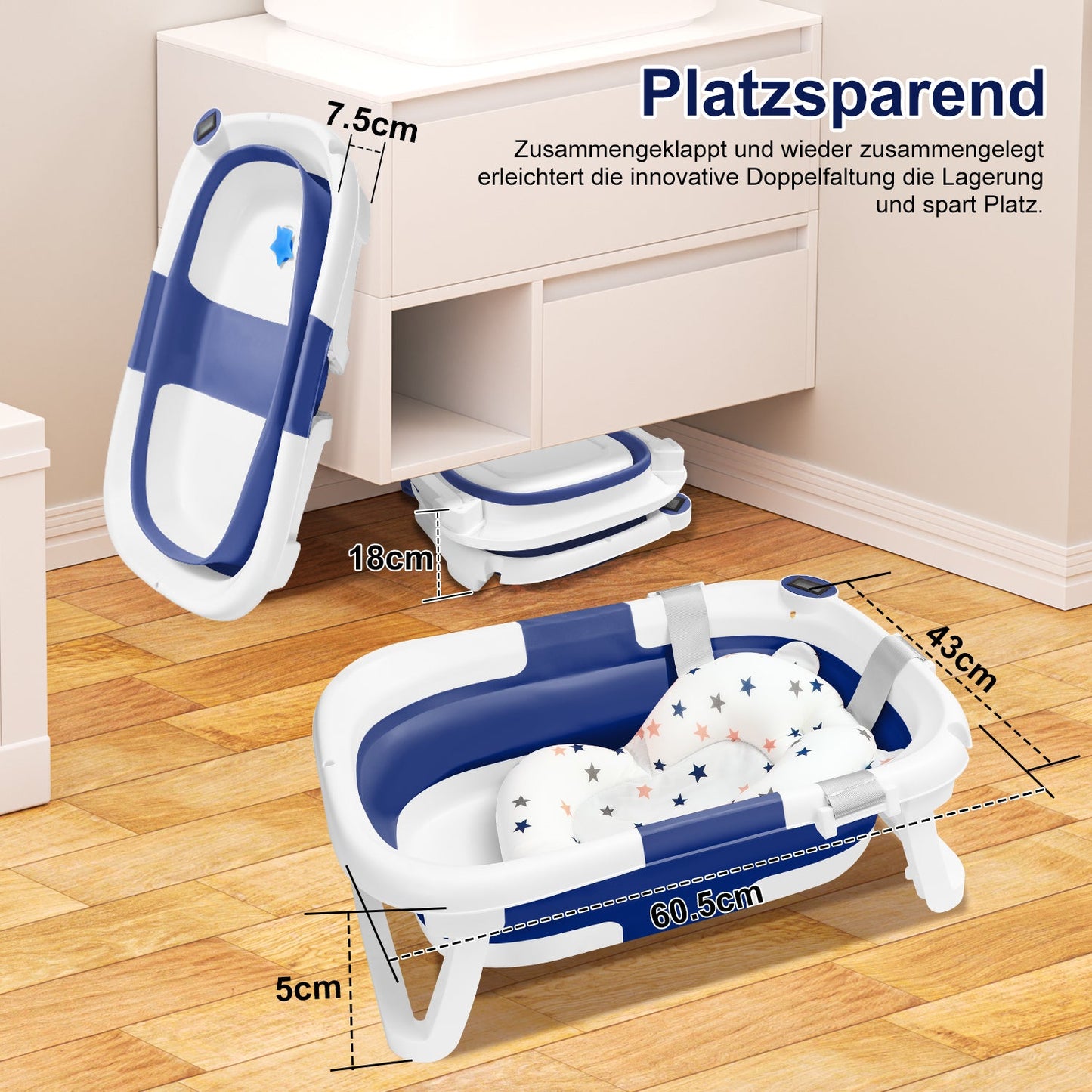 Baby bathtub foldable with thermometer