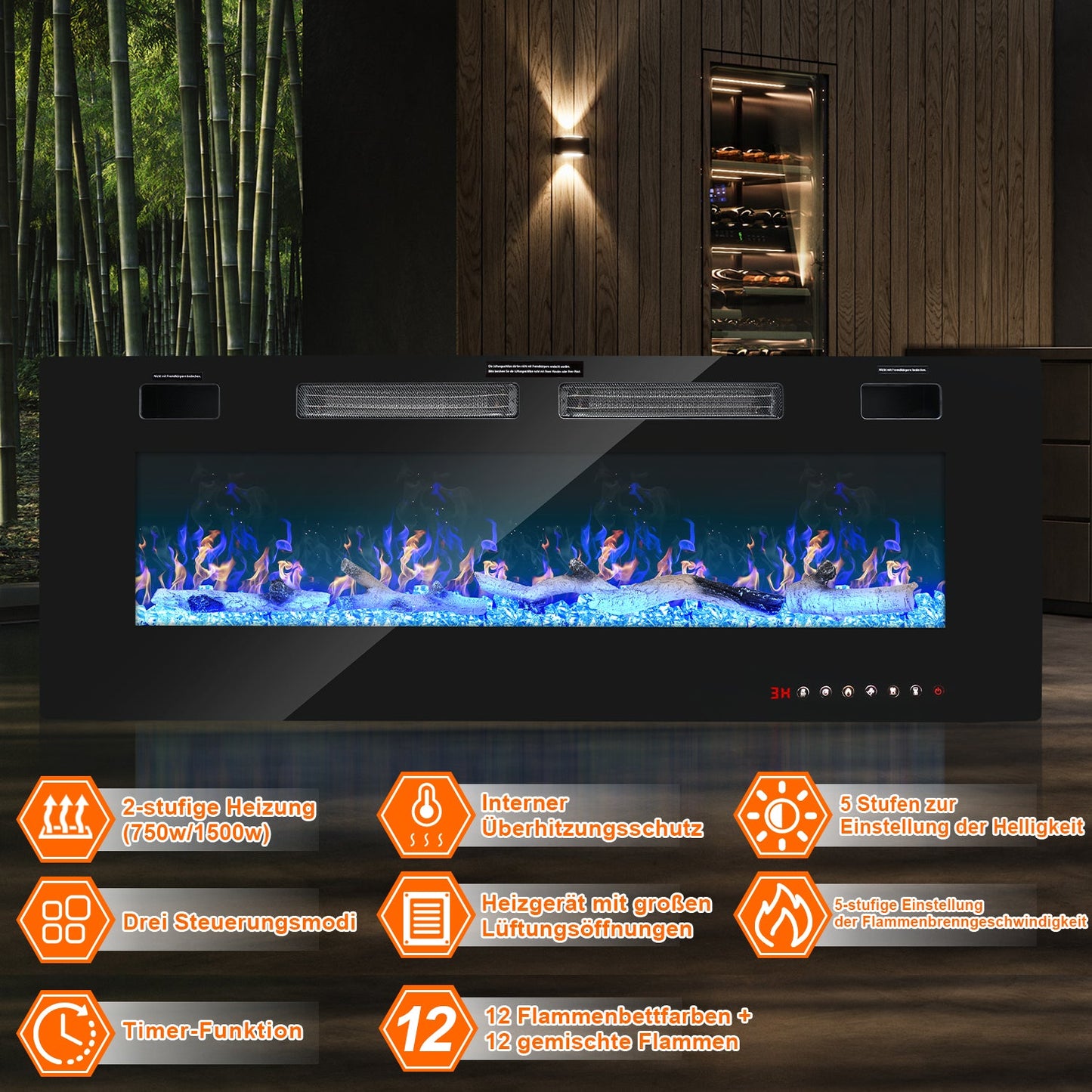 Electric Fireplace Wall Fireplace Adjustable Thermostat 750w/1500w