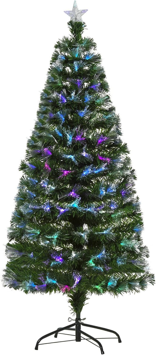 5FT Multicoloured Artificial Christmas Tree w/Fibre Optic Lights Pre-Lit Modes Metal Stand Star Holder Home Seasonal Decoration