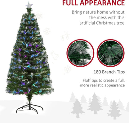 5FT Multicoloured Artificial Christmas Tree w/Fibre Optic Lights Pre-Lit Modes Metal Stand Star Holder Home Seasonal Decoration