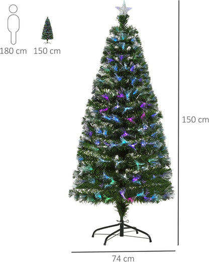 5FT Multicoloured Artificial Christmas Tree w/Fibre Optic Lights Pre-Lit Modes Metal Stand Star Holder Home Seasonal Decoration