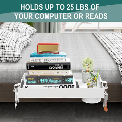 Folding Bedside Shelf with Cupholder, Clip-On Bedside Table, Nightstand Hanging Tray, Caddy Organizer for Bed & Bunk Bed, College, Dorm, Loft, Bed Essentials, White