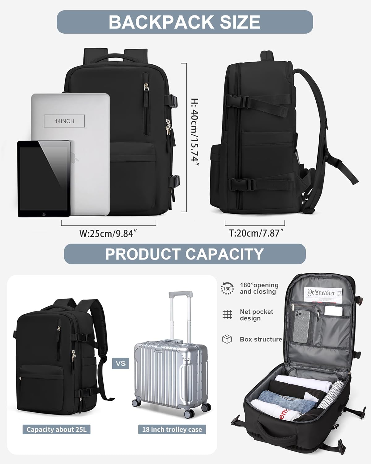Travel Backpack Cabin Size 40×20×25 Luggage Travel Cabin Flight Bag, Hand Luggage Bag 45x36x20,Womens Casual Backpack Watetproof Outdoor Sport Rucksack fit 14 inch Laptop