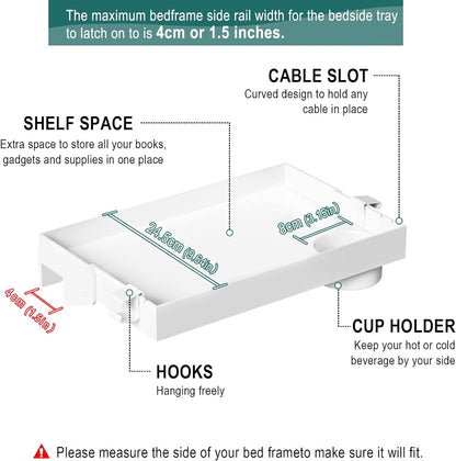 Folding Bedside Shelf with Cupholder, Clip-On Bedside Table, Nightstand Hanging Tray, Caddy Organizer for Bed & Bunk Bed, College, Dorm, Loft, Bed Essentials, White