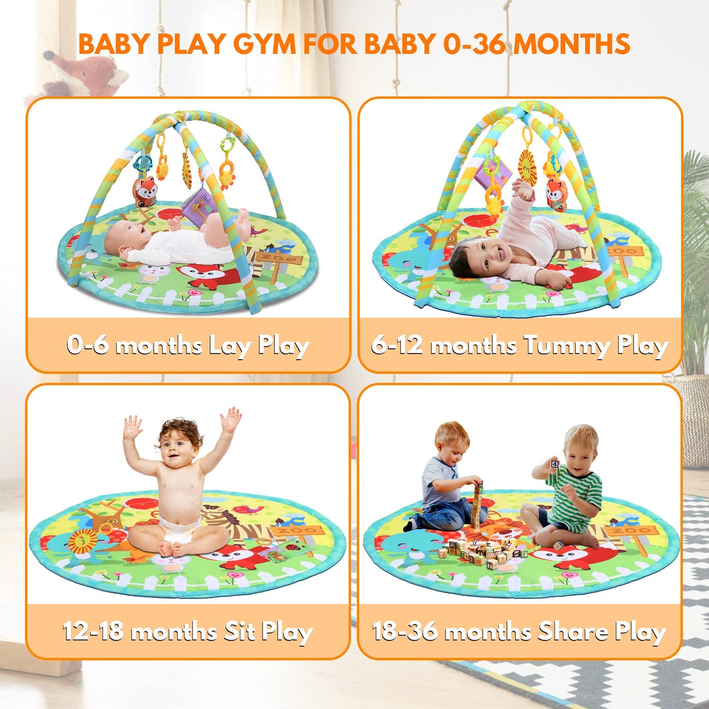 Baby Play Gym, Activity Gym Stage-Based Sensory and Motor Skill Development Language Discovery Baby Play Gym and Playmats for Newborn with 5 Featured Toys with Storage Bag