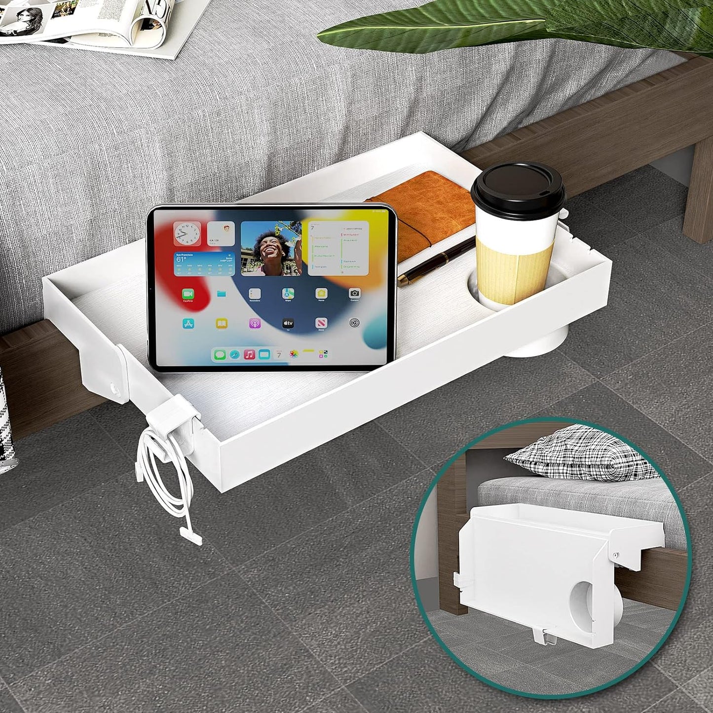 Folding Bedside Shelf with Cupholder, Clip-On Bedside Table, Nightstand Hanging Tray, Caddy Organizer for Bed & Bunk Bed, College, Dorm, Loft, Bed Essentials, White