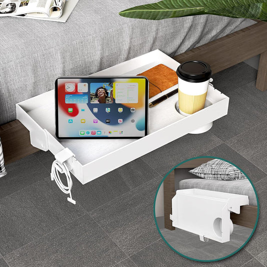 Folding Bedside Shelf with Cupholder, Clip-On Bedside Table, Nightstand Hanging Tray, Caddy Organizer for Bed & Bunk Bed, College, Dorm, Loft, Bed Essentials, White